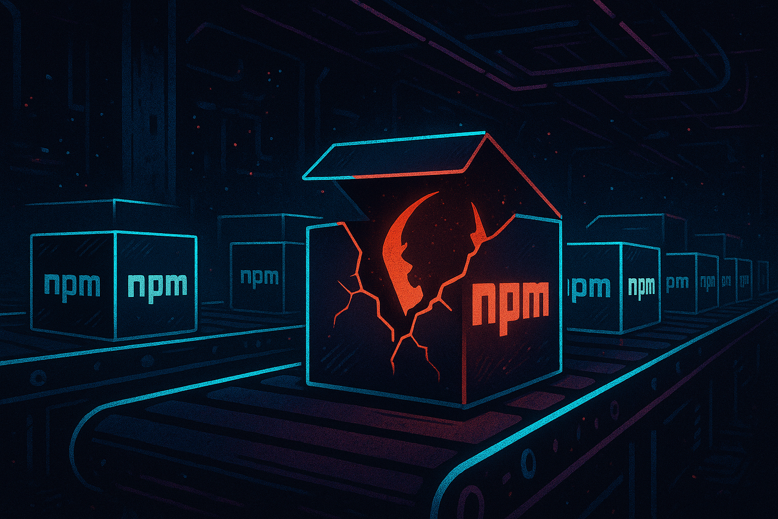 Abstract visualization of a supply chain attack through npm packages