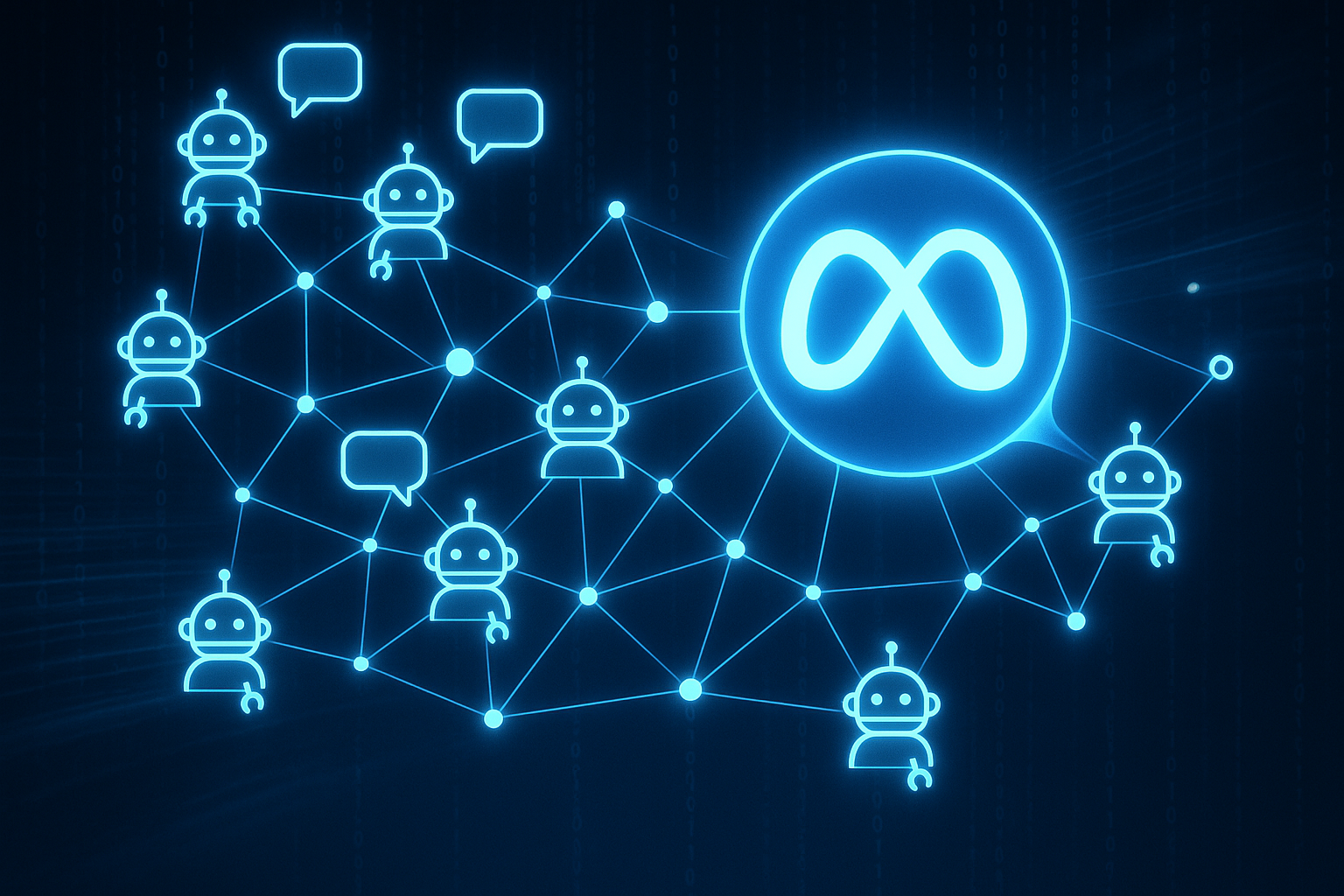 Abstract network graph with AI agent nodes being absorbed by Meta