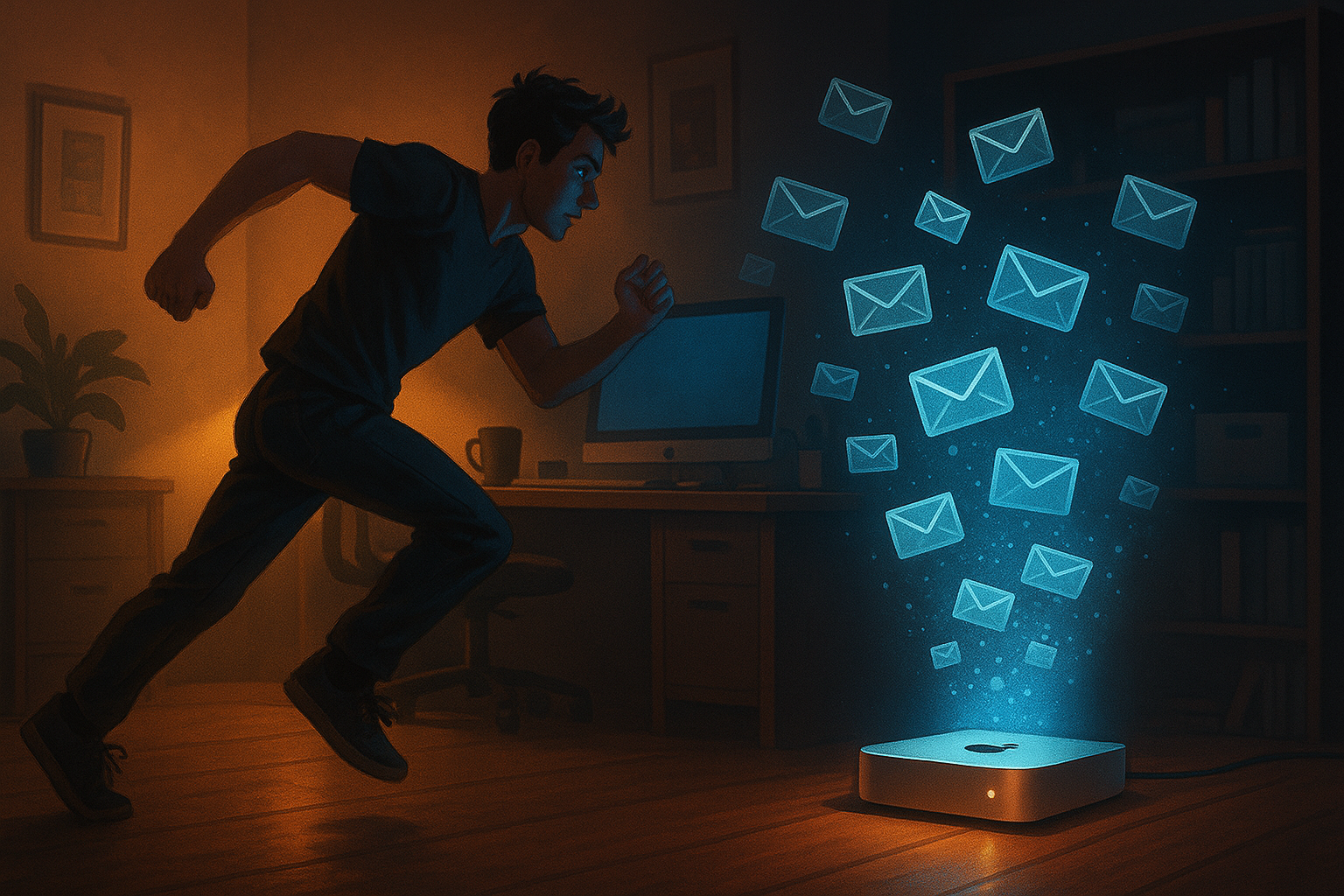 Person sprinting toward a Mac Mini as email icons dissolve