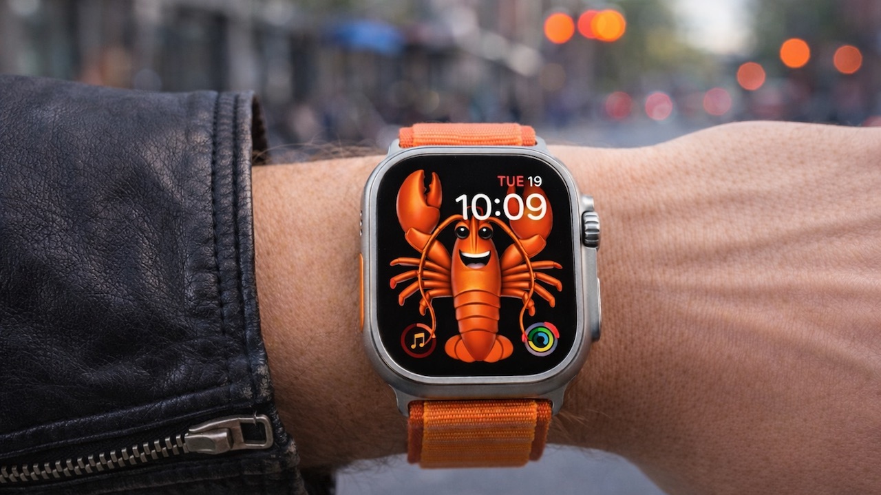 OpenClaw lobster mascot on an Apple Watch Ultra with orange band