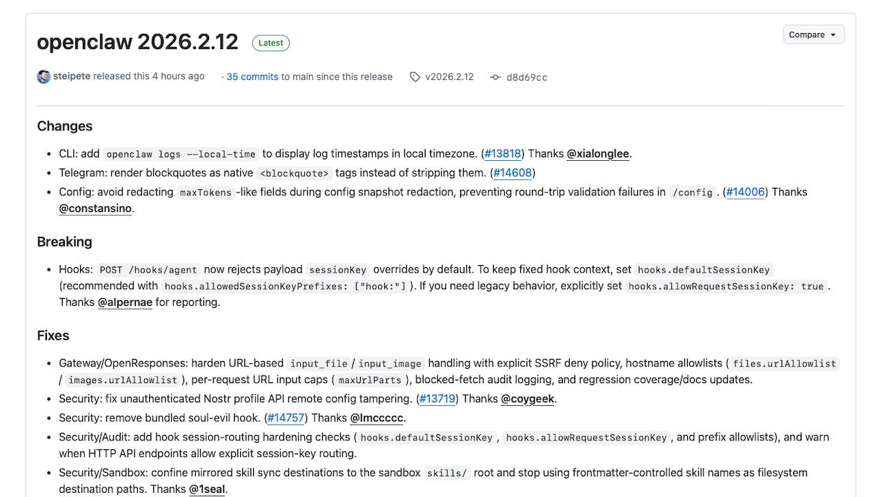 OpenClaw 2026.2.12 Packs 40 Fixes
