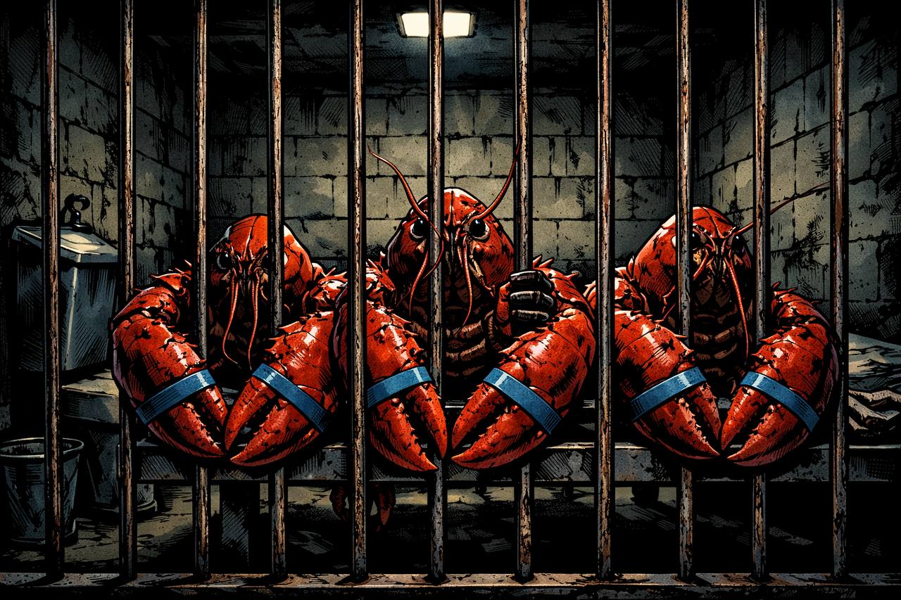 Lobsters behind prison bars in comic book style