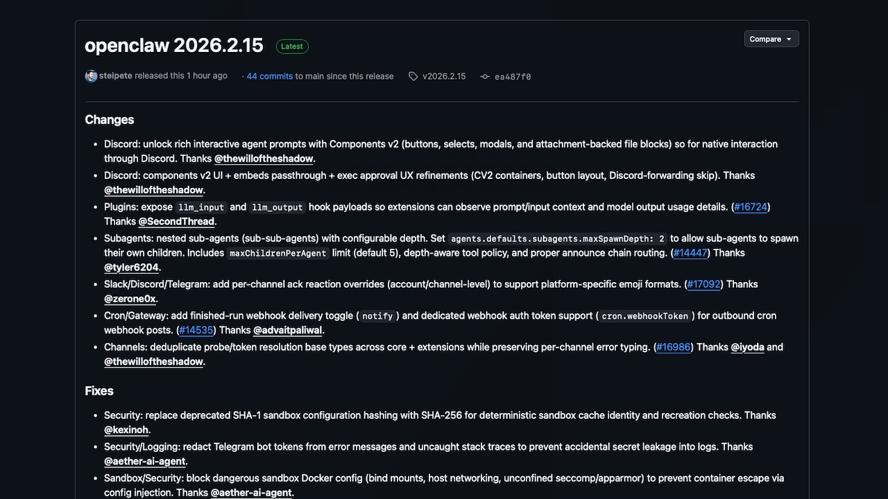 OpenClaw 2026.2.15 release