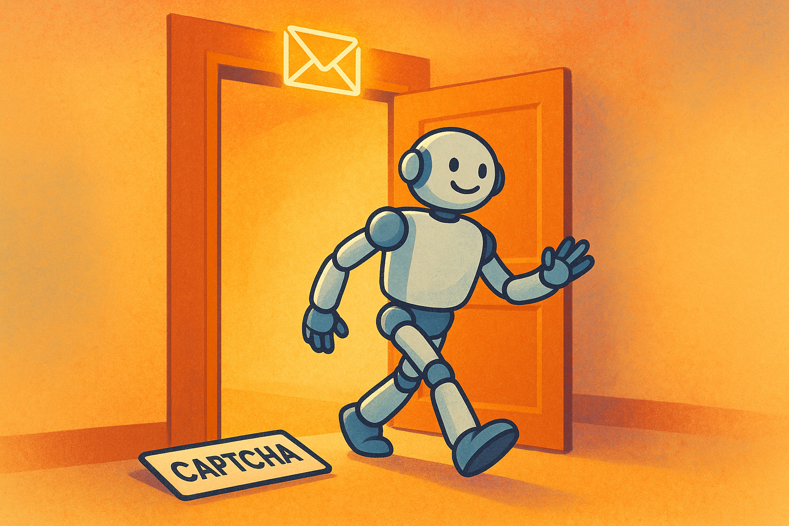 A friendly robot walking through an open door past a discarded CAPTCHA sign